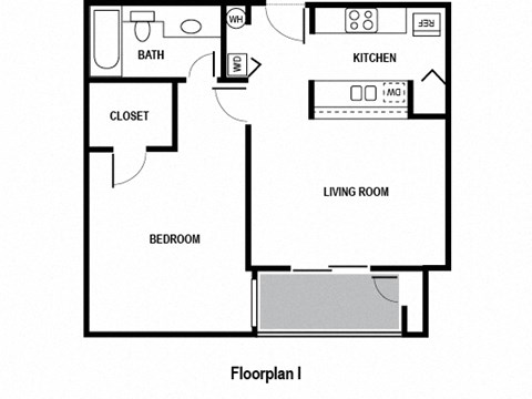 Floor plan for 1 bed, 1 bath, 624 sqft
